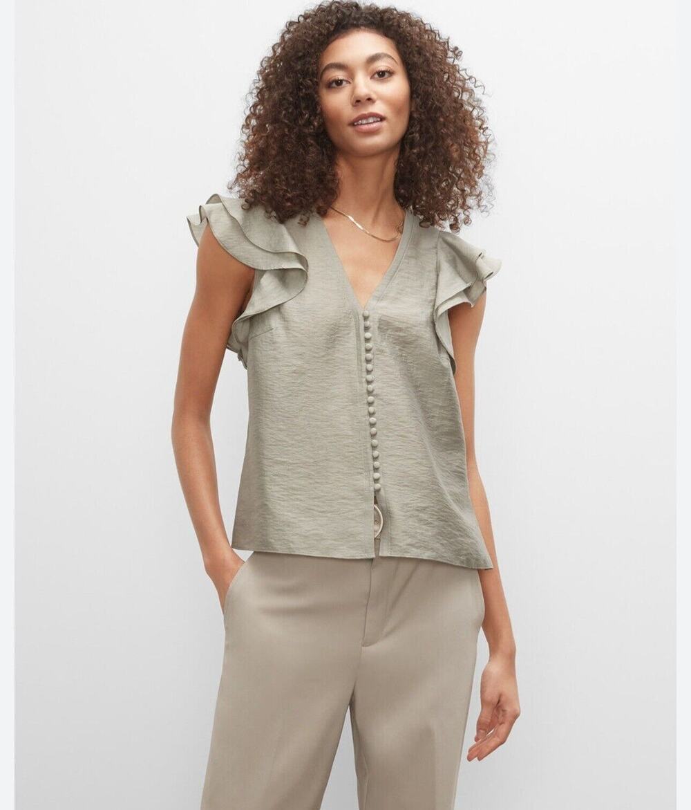 Club Monaco · L · Ruffle Sleeve V-Neck Top · 84% · Sage Green